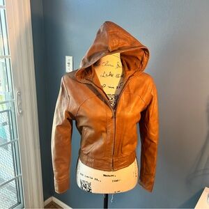 Women's Tan Leather Jacket with Hood